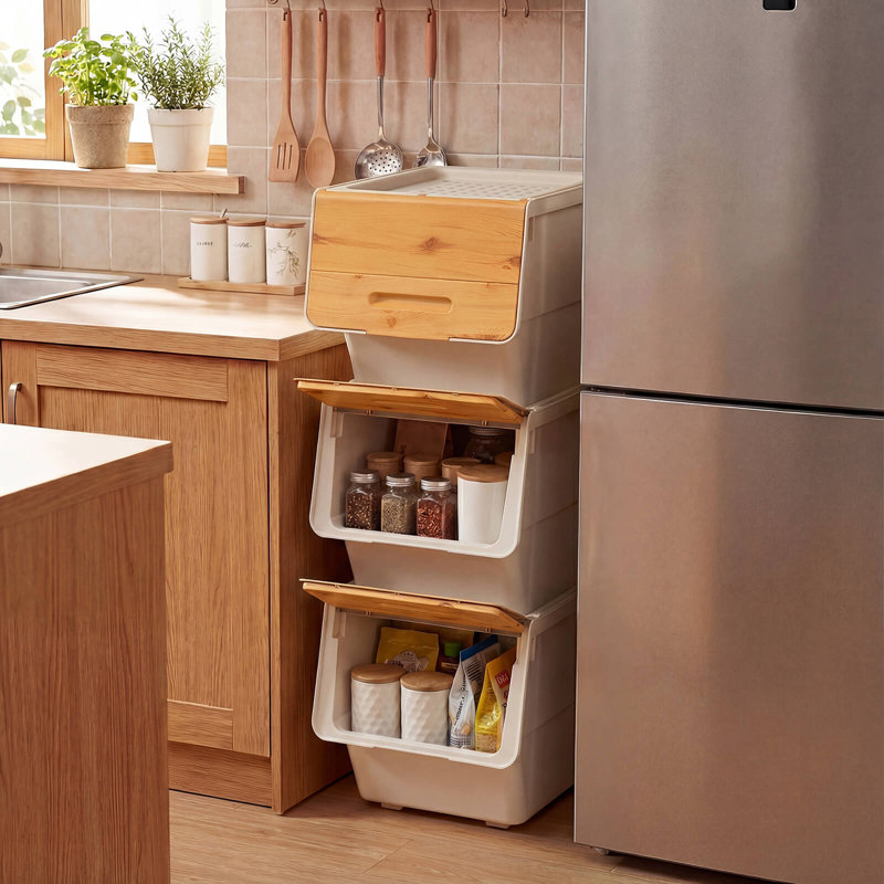 3 bacs de rangement sur roulettes avec couvercle ouvert pour garde-robe de cuisine, Blanc et naturel