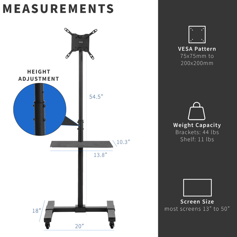 Vivo Adjustable Black Mobile TV Stand with Utility Shelf, 13"-50"