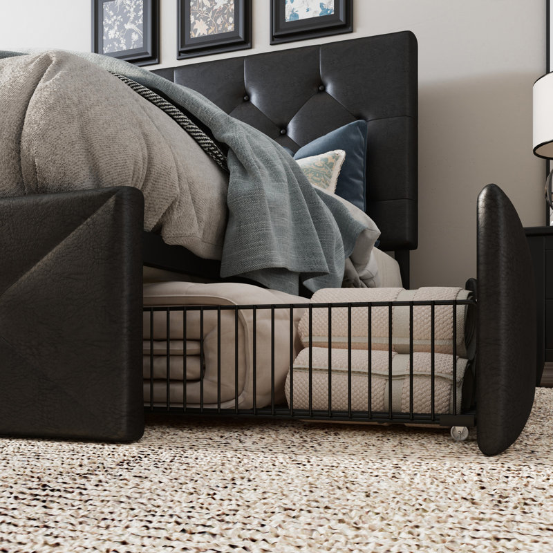 Silvester Modern Upholstered Platform Storage Bed with Wooden Slats, no box spring needed, Queen, Black Diamond Faux Leather