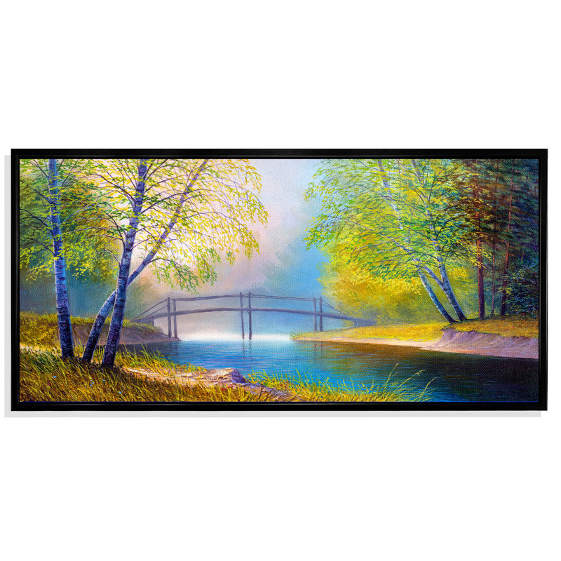 Rivière à travers la forêt de bouleaux VI - Peinture sur toile, Cadre noir, H 8 po x l 12 po x P 1 po