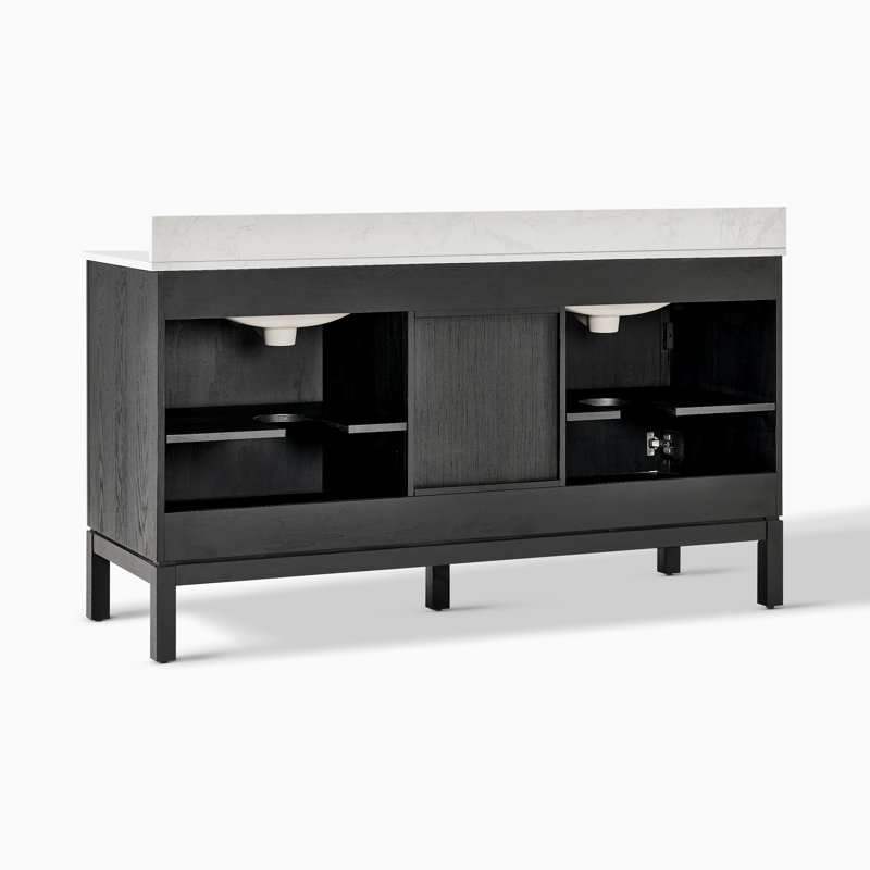 Meuble-lavabo double de 63 po avec comptoir en marbre reconstitué