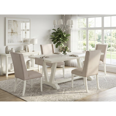 5-Pc Dining Room Table Set Includes a Wooden Table and 4 Cream Linen Fabric Kitchen Chairs with High Back - Wire Brushed Linen White.