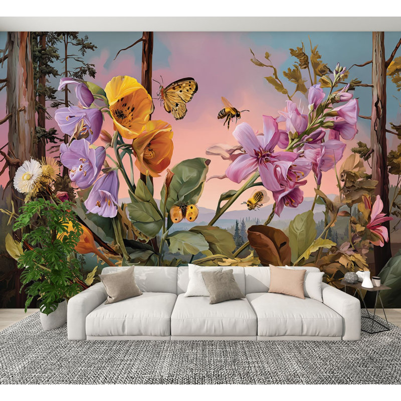 Boho papier peint auto-adhésif paysage de fleurs sauvages vives de rêve peinture murale à l'huile de style H 100 po x l 144 po amovible en papier peint mural auto-adhésif pour chambre à coucher bureau à domicile
