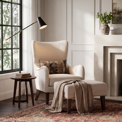 Gunner Modern Farmhouse Upholstered Accent Chair and Ottoman Set with Solid Ash Wood Legs, Hand-Applied Nailhead Trim for Living Room, Bedroom & Reading Nook