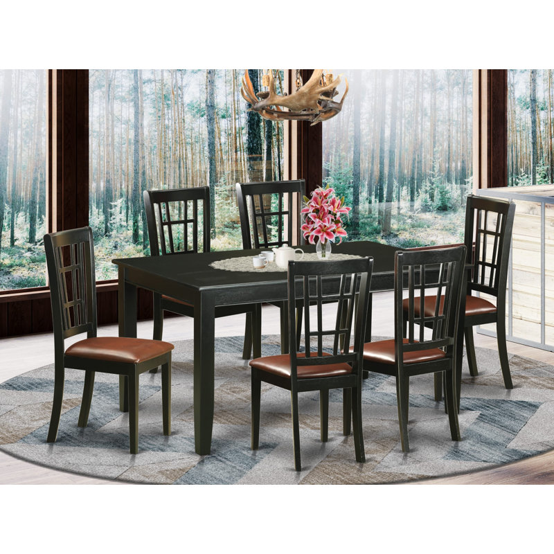 Ensemble de table et chaises de cuisine 7 pièces comprenant une table de salle à manger rectangulaire et 6 chaises de salle à manger rembourrées en similicuir, noir
