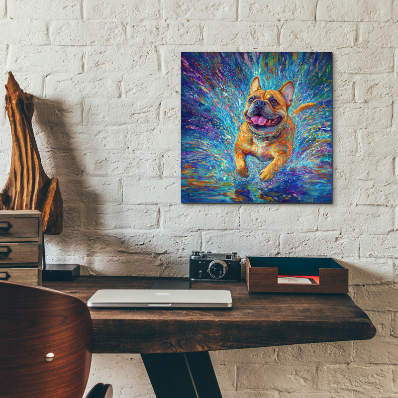 «Buldog In The Rain Puddles» par Rich Monet, art mural en verre acrylique, H 12 po x l 12 po x P 0,13 po