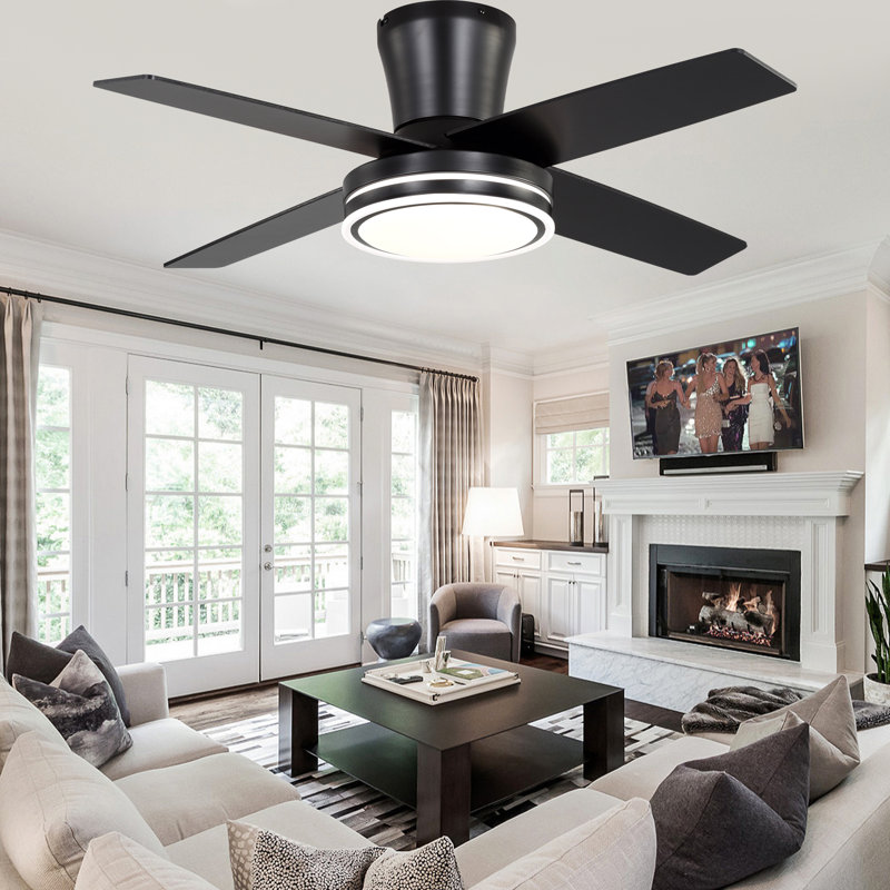 44" Black Modern Ceiling Fan with Lights and Remote, 6 Speed Reversible Flush Mount Ceiling Fan with DC Motor, Black, Black