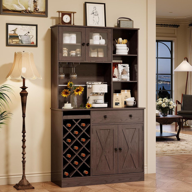 Coffee Bar Cabinet with Power Outlet, Wine Rack & Barn Doors, Sideboard Storage for Kitchen, Brown
