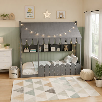 Lit pour enfants Montessori avec rampes, tente, lumières et 3 tablettes de rangement