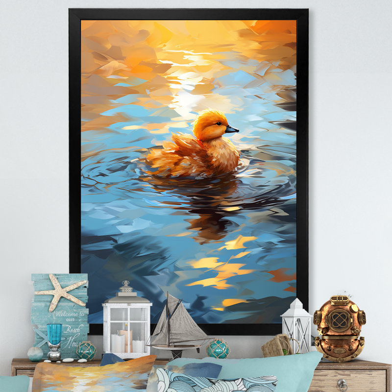 «Yellow Duck Morning Quack Lake» - art mural animal canard, H 20 po x l 12 po x P 1 po, Cadre simple noir