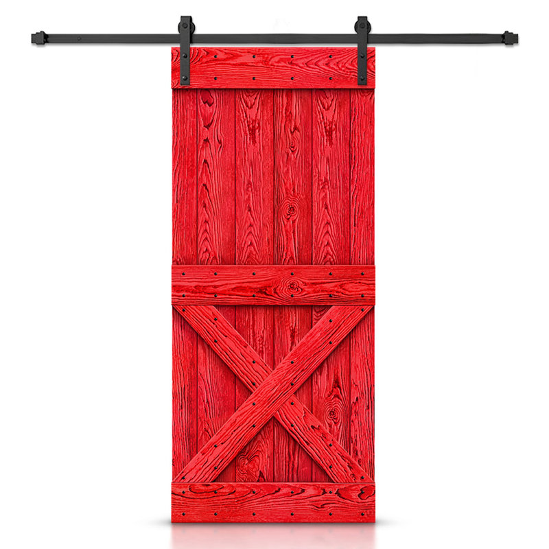 Porte de grange lambrissée peinte en bois et en métal avec trousse de quincaillerie d'installation, 48 po x 84 po, Rouge