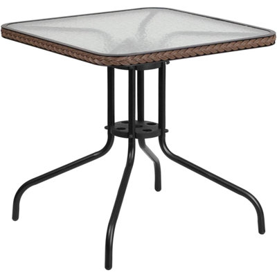  Barker 28'' Square Tempered Glass Metal Table With Dark Brown Rattan Edging