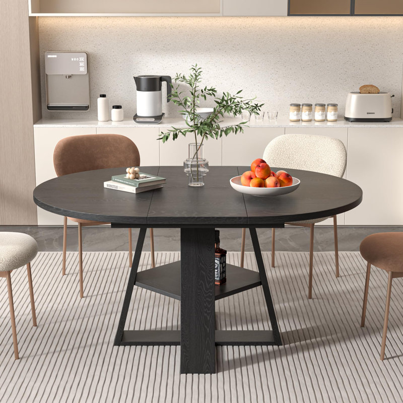 Table de salle à manger extensible ronde 43,3 "à 59" pour 4-8 personnes avec tablette de rangement, Noir