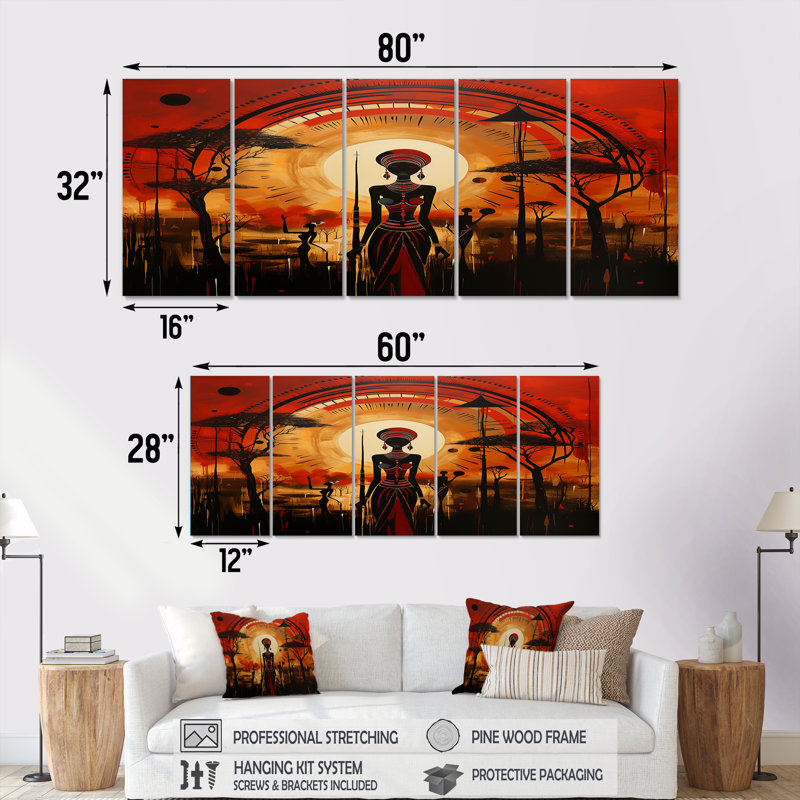 «African Silhouettes», art africain, art mural 5 pièces, H 28 po x l 60 po