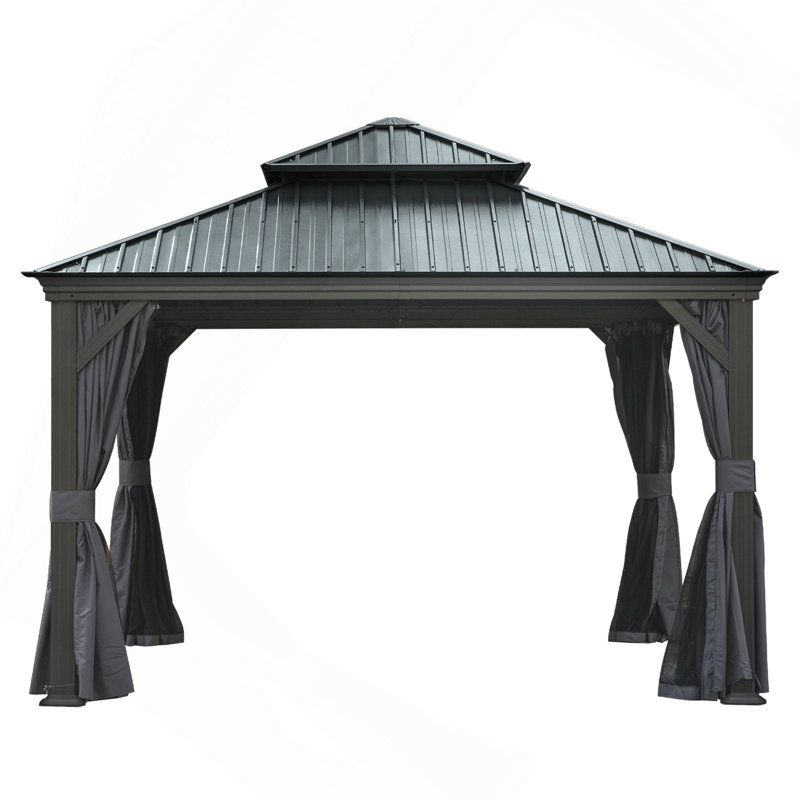 12'X12' Hardtop Gazebo Canopy,Outdoor Aluminum Gazebo With Galvanized Steel Double Roof,Permanent Gazebos With Drainage System,Curtain And Netting Included,Grey