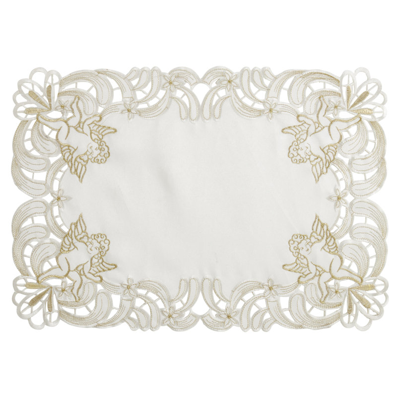 Ivory Embroidered Cupid Design Polyester Placemats, 14 x 20 Inch, Set of 4