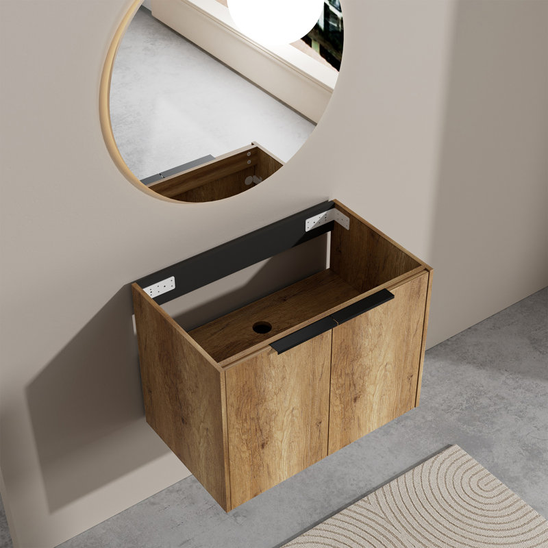 30" Mid-Century Modern Floating Vanity Cabinet Base In Warm Oak, Wall-Hung With Soft-Close Doors (Sink Not Included)