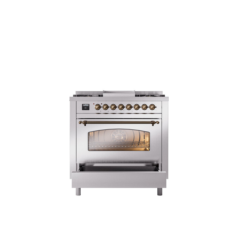 ILVE Nostalgie II 36 Dual Fuel Range, knobs, Stainless Steel/Bronze, Natural Gas