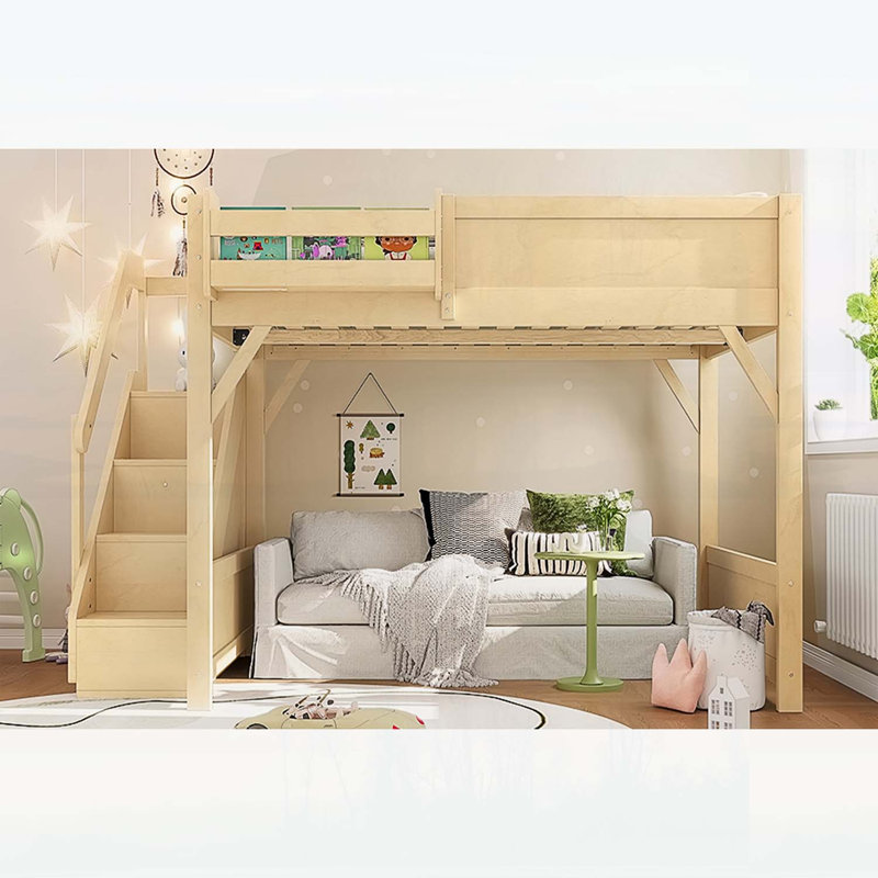 Lit mezzanine double en bois massif avec garde-robe intégrée, rangement et tablettes à côté, garde-corps pleine longueur et escalier, aucun sommier nécessaire, naturel