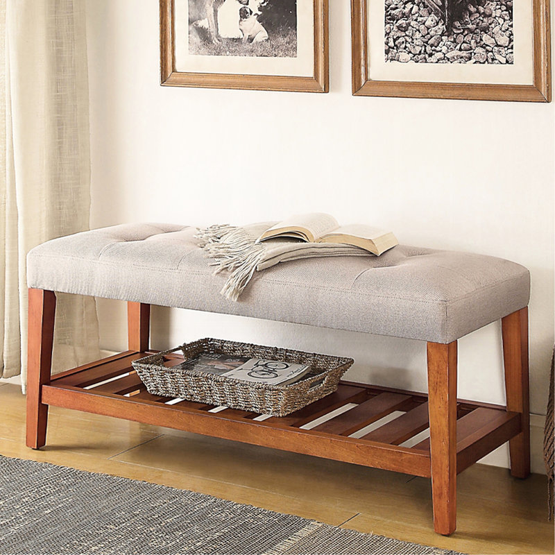 Fabric Bench In Gray With Oak Finish, Open Storage Shelf, Button- Seat, 40" Product Depth For More Oak Bench, Upholstery, Slatted Full Box Seat