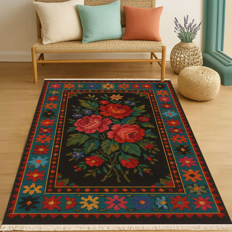 Tapis noir à motif floral