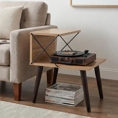 Table de chevet avec 4 pieds en hêtre et tablettes en métal