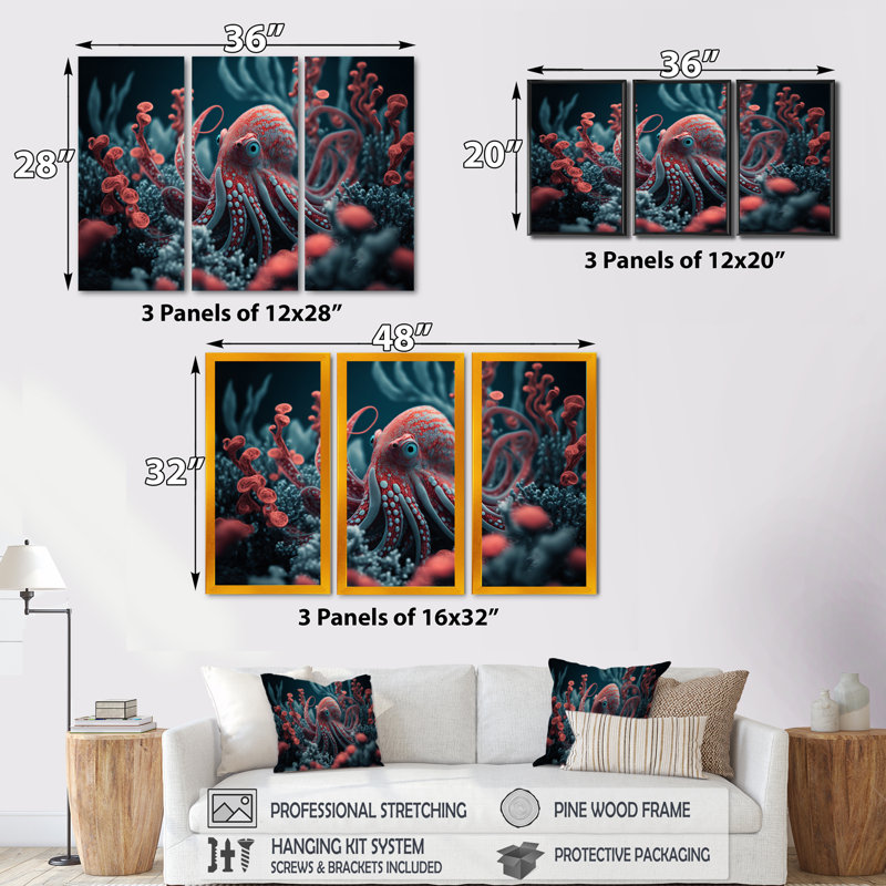 «Red Octopus On The Ocean Floor I», reproduction sur toile 3 pièces, H 32 po x l 48 po x P 1 po, Toile à cadre flottant noir