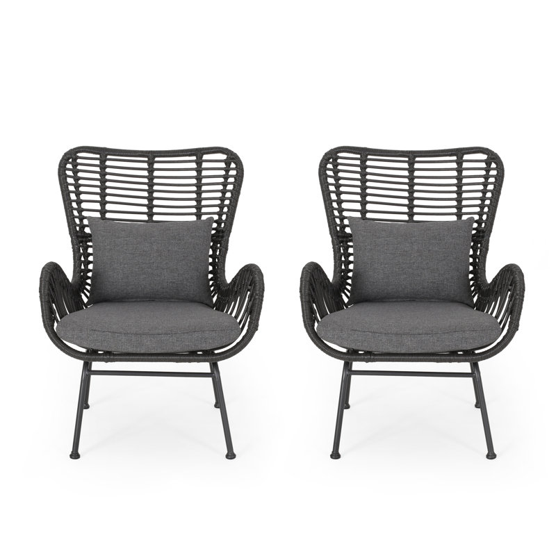 Tapscott Wicker Patio Chair with Cushions (Set of 2), Gray, Gray