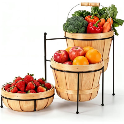 3 Tier Serving Stand with Wooden Baskets Farmhouse Fruit Vegetable Storage for Kitchen Countertop Rustic Tiered Bushel Basket Display for Harvest Parties