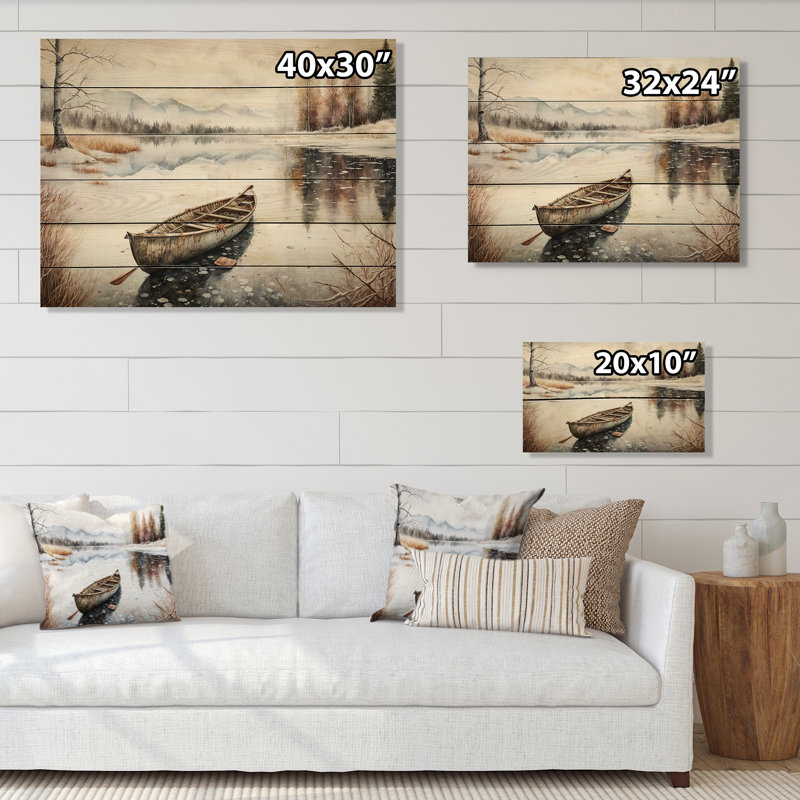 Scène d'hiver avec canot I - impression sans cadre sur bois, H 24 po x l 32 po x P 1 po