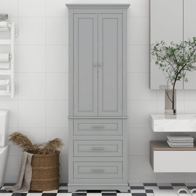 Tall Storage Cabinet With 3 Drawers, Adjustable Shelves & 2 Doors, Floor Freestanding Linen Cabinet For Bathroom, Living Room