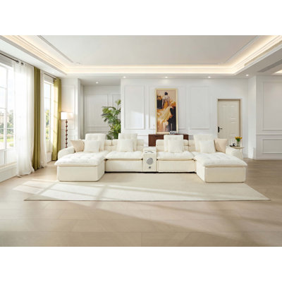 178.6" Fluffy Lamb Wool Sectional Sofa, Oversized Deep Seat U Shaped Modular Corner Couch, Plush Cloud Comfy Large Combination Sofa with Throw Pillows for Living Room