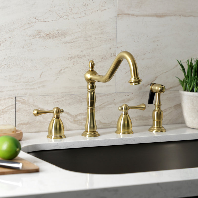 Kingston Brass Heritage Double-Handle 4-Hole Widespread Kitchen Faucet with Brass Sprayer, Brushed Brass