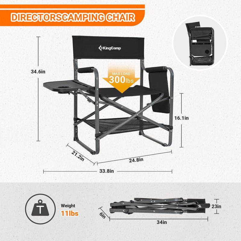 Black Steel Frame Foldable Director Chair with Side Table