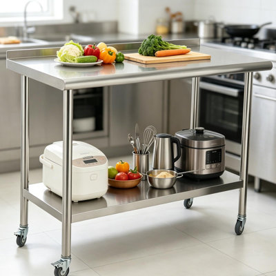 Mobile Heavy-Duty Stainless Steel Work Table, 0.7mm Thick Tabletop, Double Storage Layers, Garbage Shelf and 4 Locking Swivel Wheels