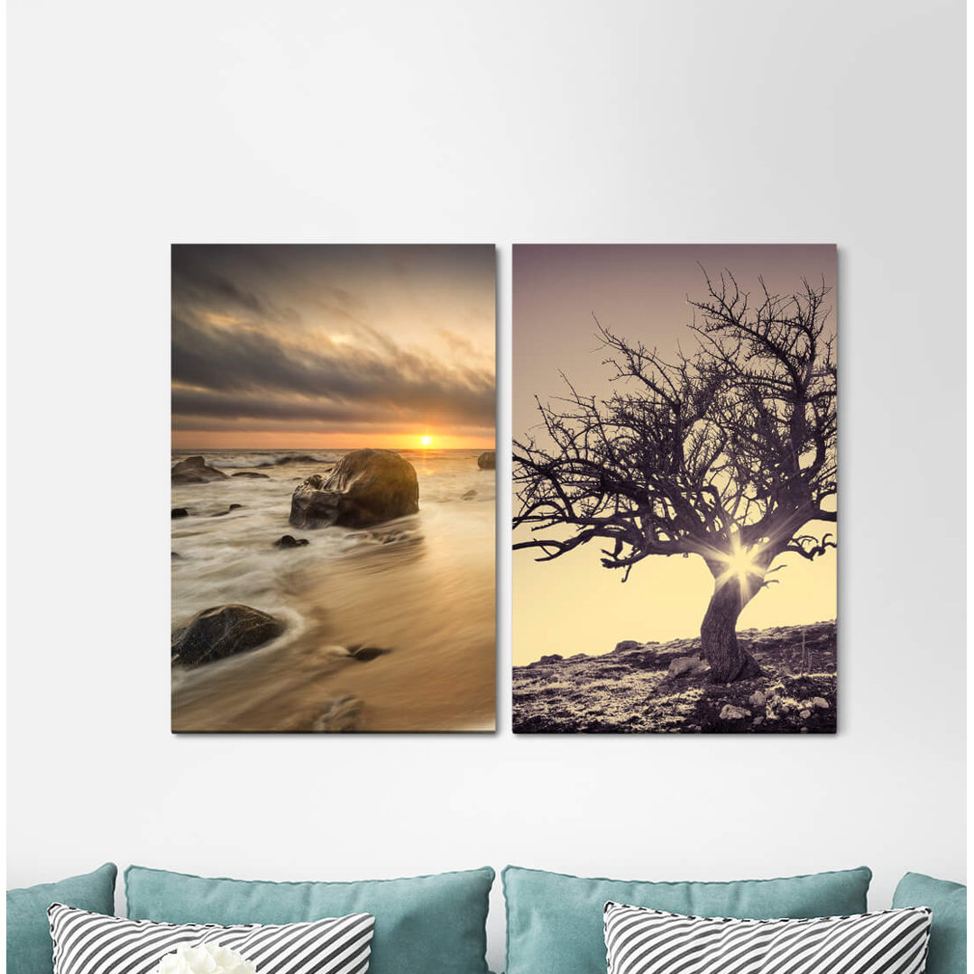 2-tlg. Leinwandbilder-Set Rock Surf Sea Sunset Lonely Tree Oak