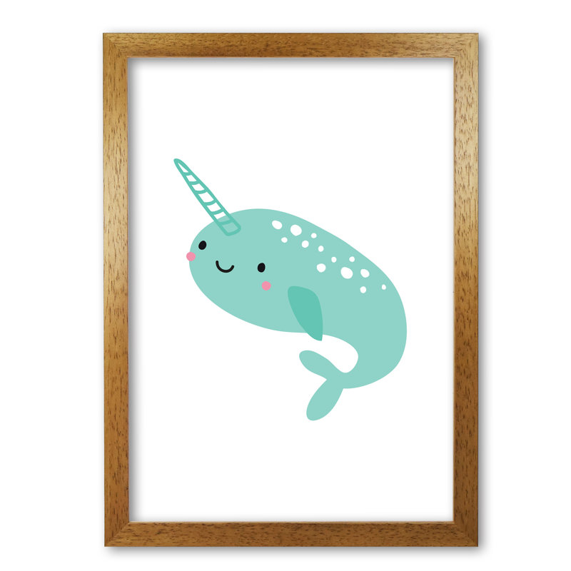 Children's Animals, Narwhal 1 Piece Single Picture Frame Wall Art, 60 cm H x 42 cm W x 5 cm D, Honey Oak Frame