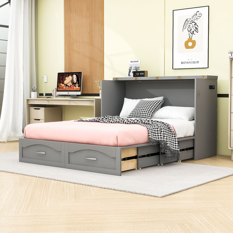 Dulci 1 Drawer Wood Murphy Bed with Sockets & USB Ports, Queen, Gray
