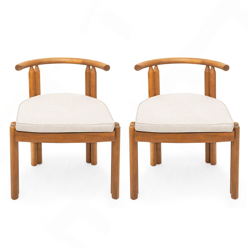 Chaise de salle à manger sans accoudoirs en bois d'acacia, finition teck avec coussin beige, ensemble de 2