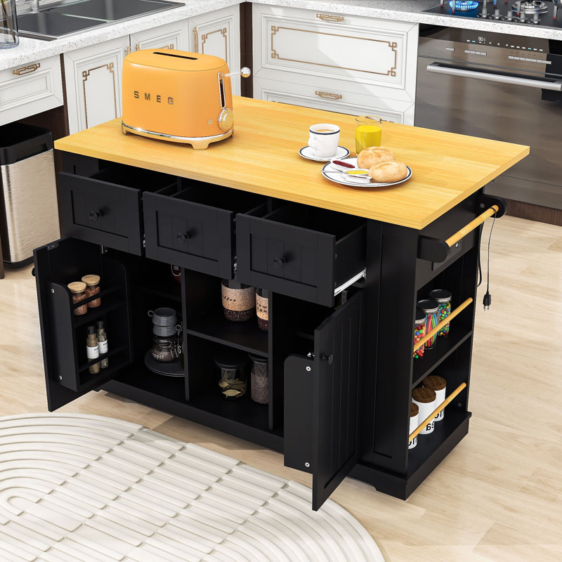 Kitchen Island Cart with Drop Leaf, Power Outlets and Ample Storage on Wheels, Black