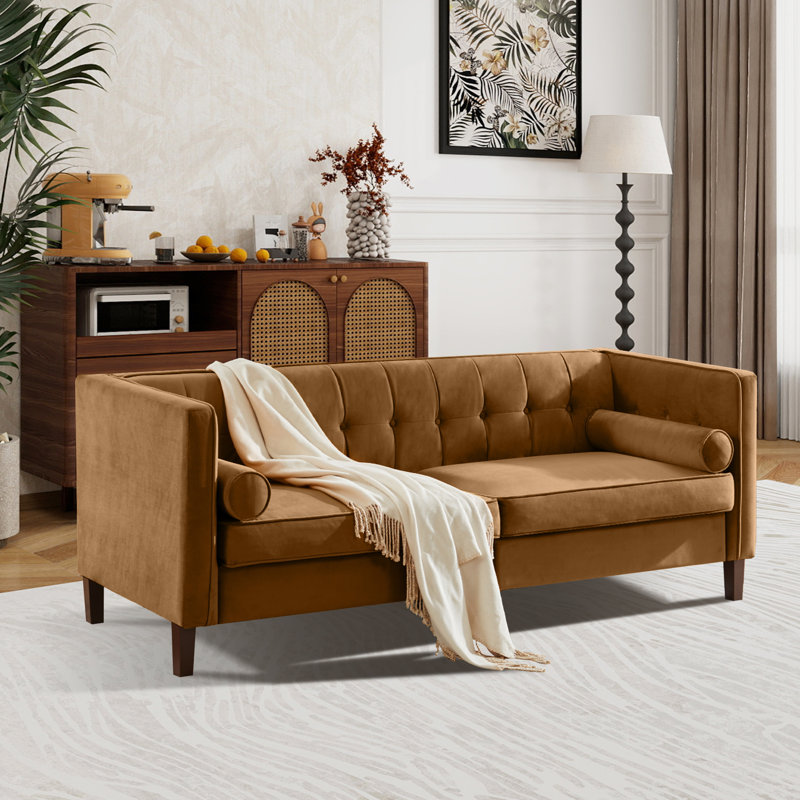 78''  Wide Velvet Tufted Square Arm Sofa, Brown Velvet