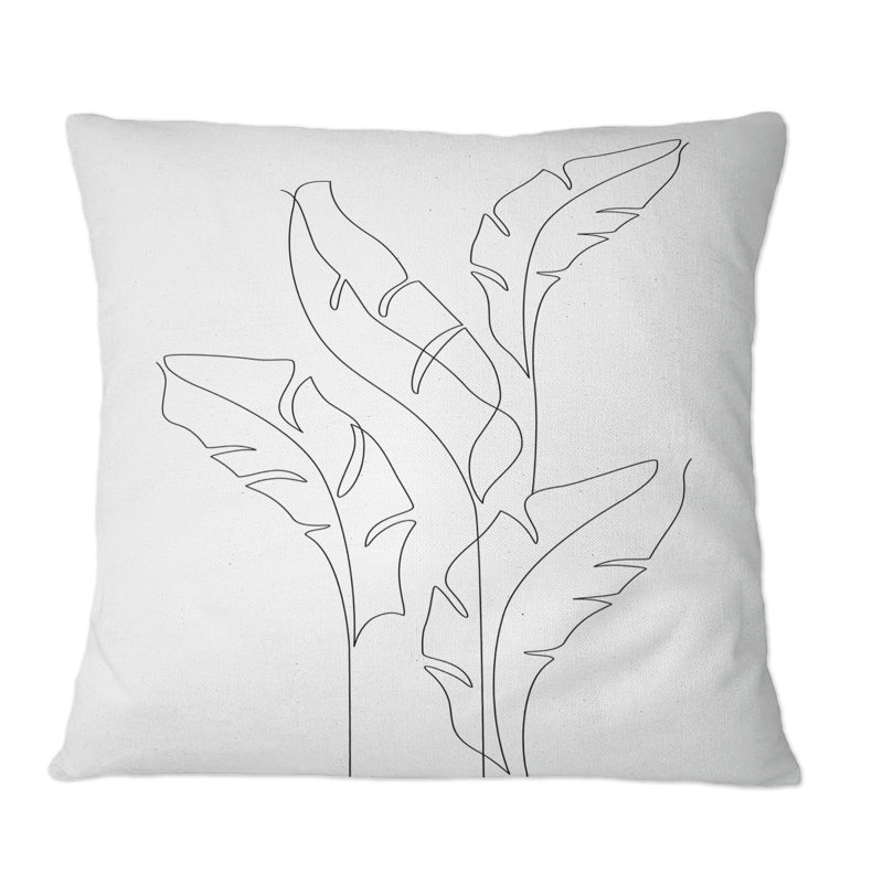 Abstrait, dessin au trait, feuilles de bananier sur fond blanc - coussin décoratif moderne, 18 po x 18 po