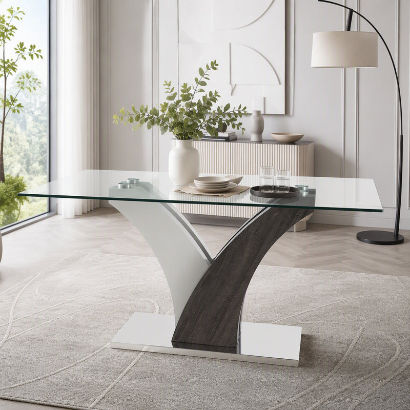 Modern Rectangular Dining Table with Glass Top and MDF Legs
