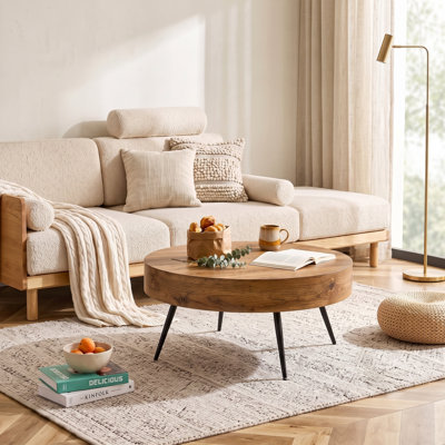 Table basse 31,5 "moderne Mid-Century ronde en bois avec pieds en épingle à cheveux en métal