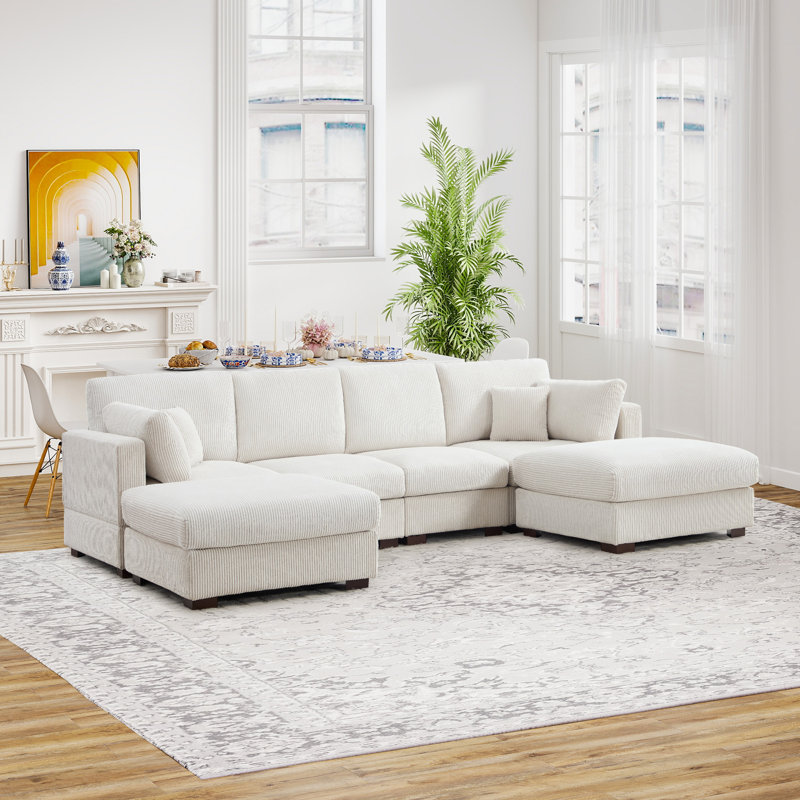 120.47'' Wide Modern Corduroy Sectional Sofa With Ottomans And Two  Pillows, Beige