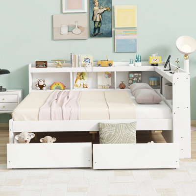 Full-Sized Bed With Integrated L-Shaped Bookcases, Power Outlets, USB Charging Ports, And Two Drawers For Enhanced Comfort And Storage by Latitude Run