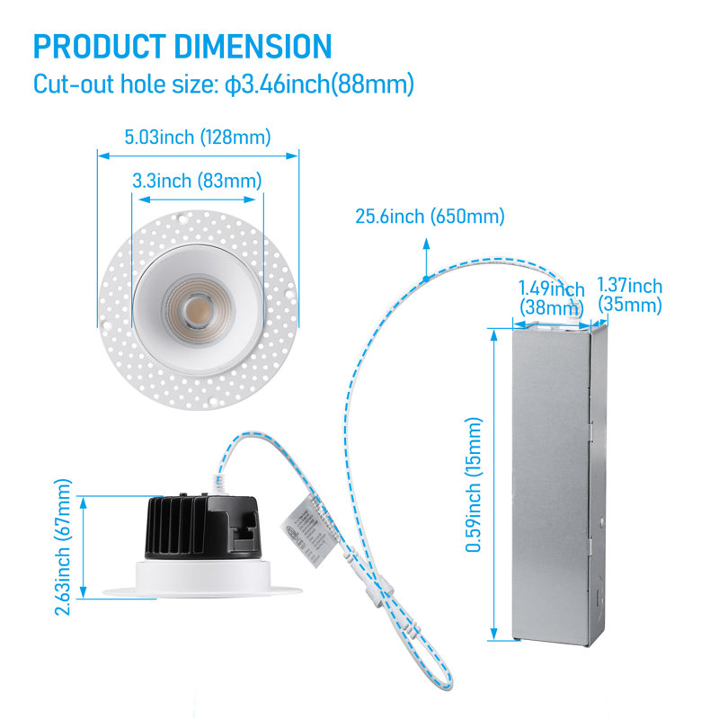 5CCT Commercial Trimless 3" LED Recessed Light with J-Box, Dimmable, CRI 90+, ETL