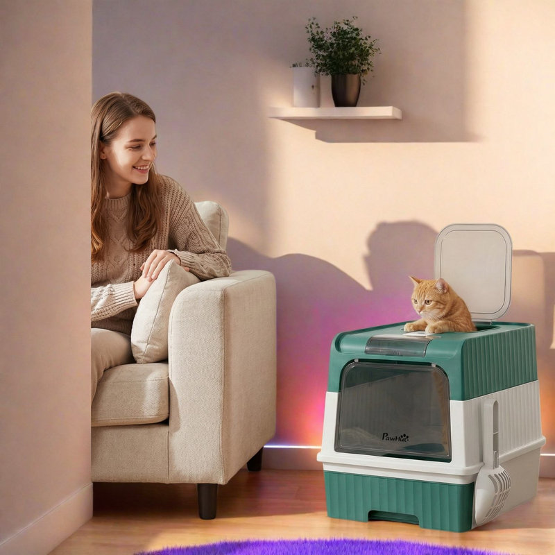 Plastic Enclosed Litter Box with Built-in Scoop and with Top Entry Door