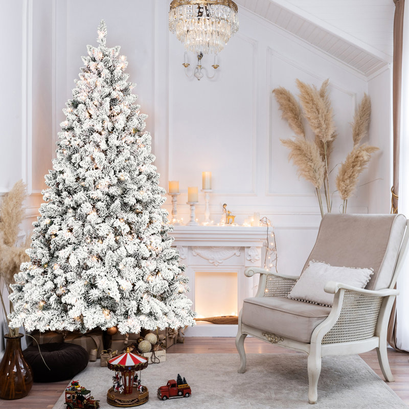 Arbre de Noël floqué de 5 pi avec 300 lumières Ul, 27 pin naturel, 600 pointes recouvertes de neige, conception à charnières pour une installation simple et rapide, arbre de base en métal renforcé, conception, tracas