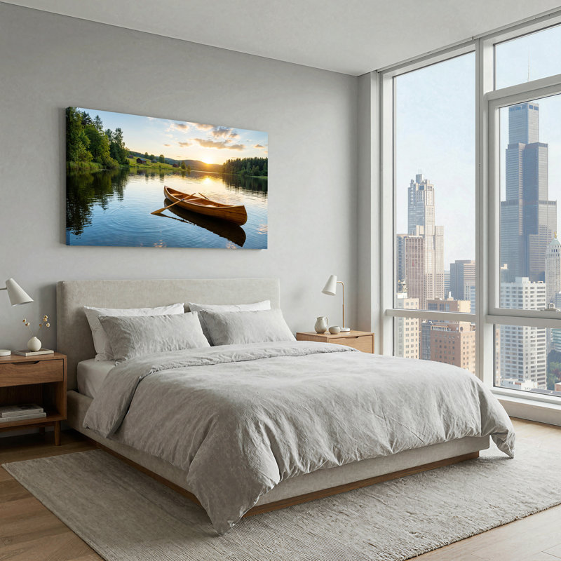 Art mural sur toile en bois avec canots et rames sur un coucher de soleil doré, 32“W x 16”H
